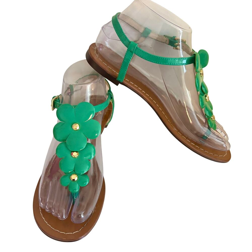 Kate Spade NY Green Patent Leather Mod Flower Flat Thong Sandals Strappy Retro